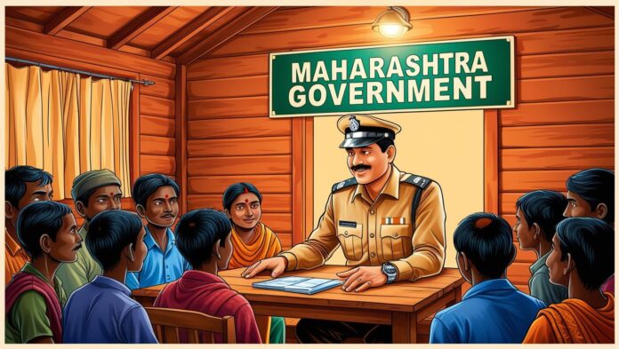 एक चित्र तयार करून द्या. महाराष्ट्र शासनाचे कार्यालयात अधिकारी केबिनमध्ये _20250204_100512_००००